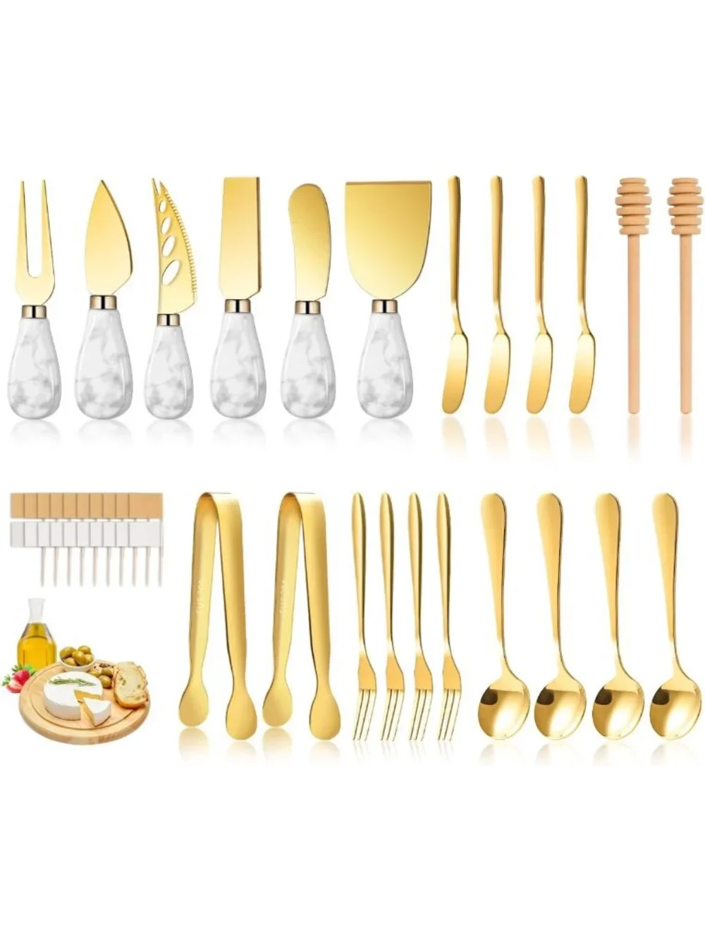 Elegant Marble Gold Cheese Knife Set - Charcuterie Board Accessories, Slicer